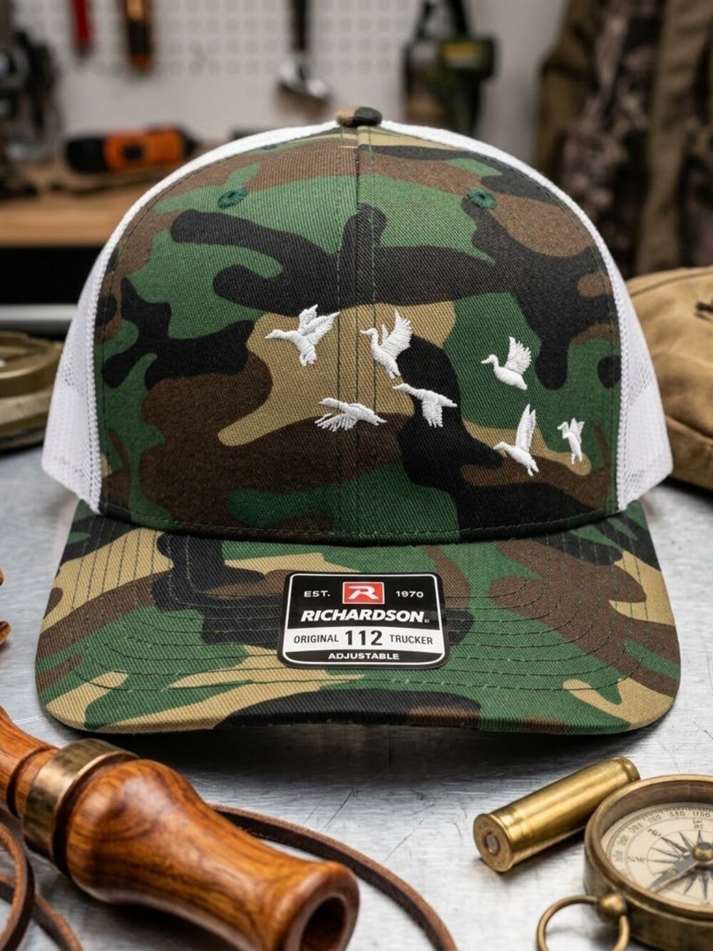 Flying Ducks Mallards Hunting Hat Woodland Camo Richardson 112 Snapback USA Retr